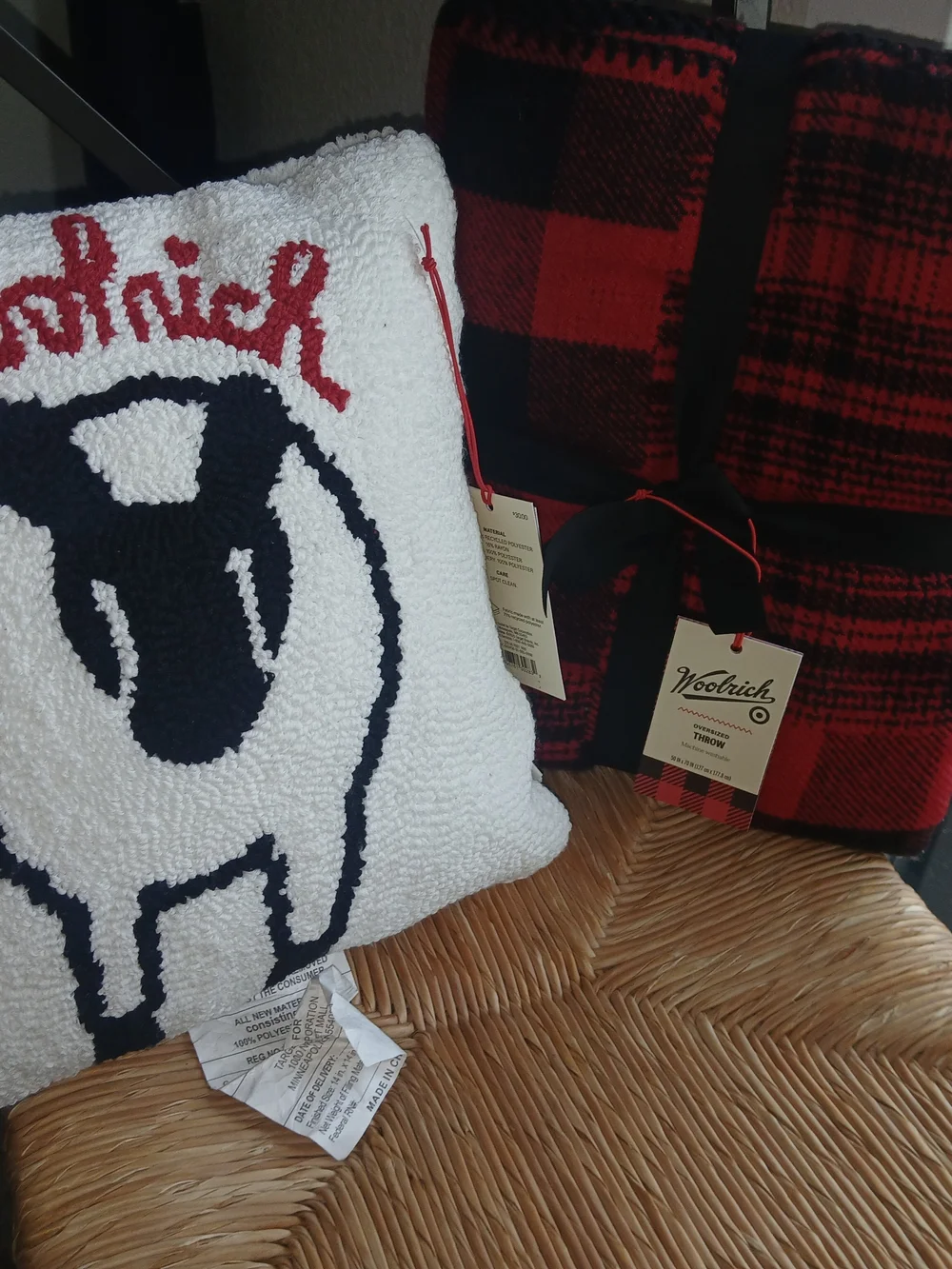 Woolrich Red Buffalo Plaid Throw and White Logo Accent Pillow
